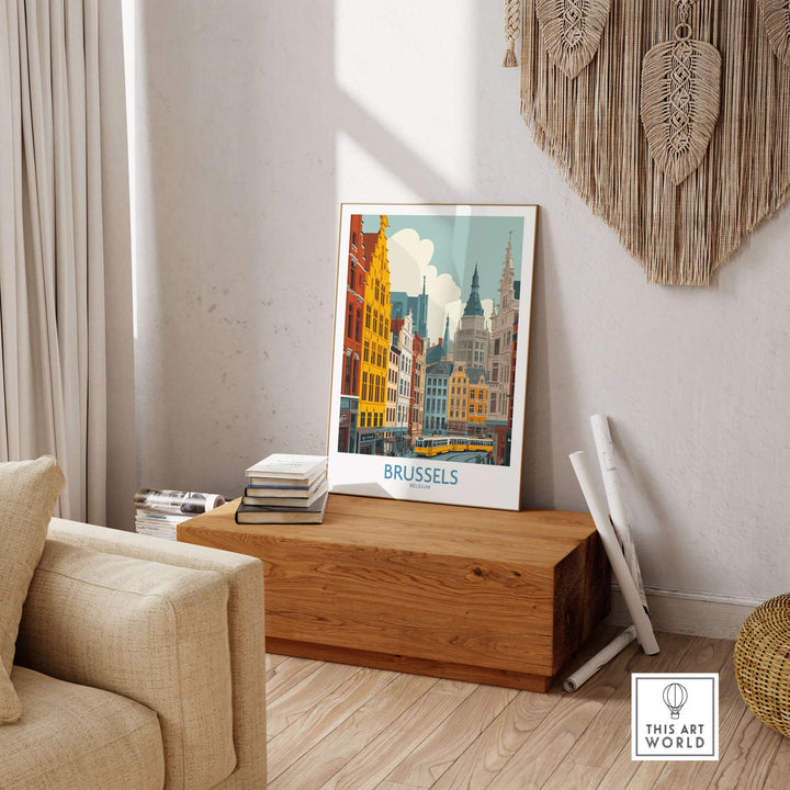 Brussels wall art print showcasing historic buildings in a stylish living room setting.