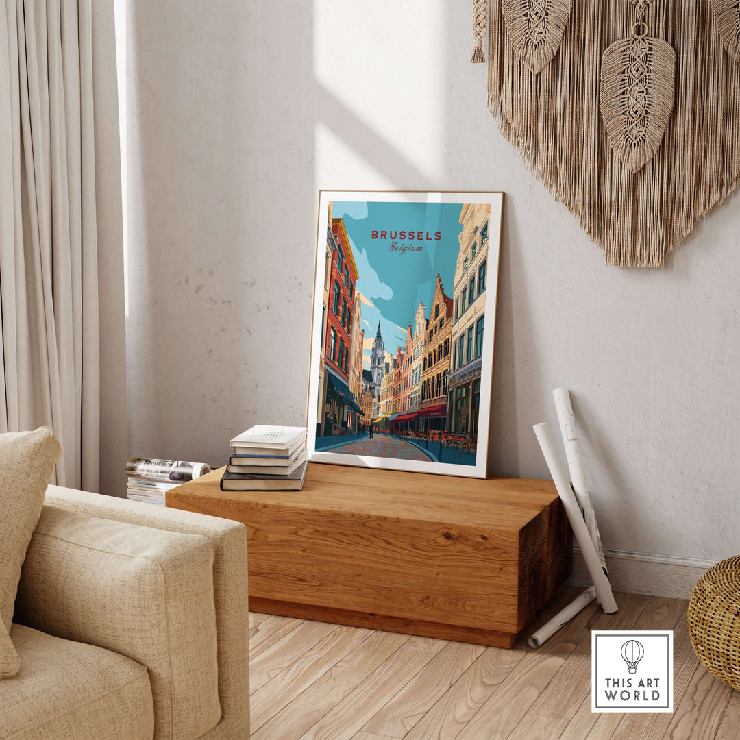 Brussels Print Belgium - Old Town Europe Poster displayed in a stylish living space, showcasing charming architecture.