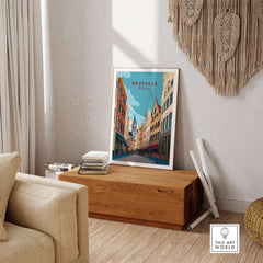 Brussels Print Belgium - Old Town Europe Poster displayed in a stylish living room setting.