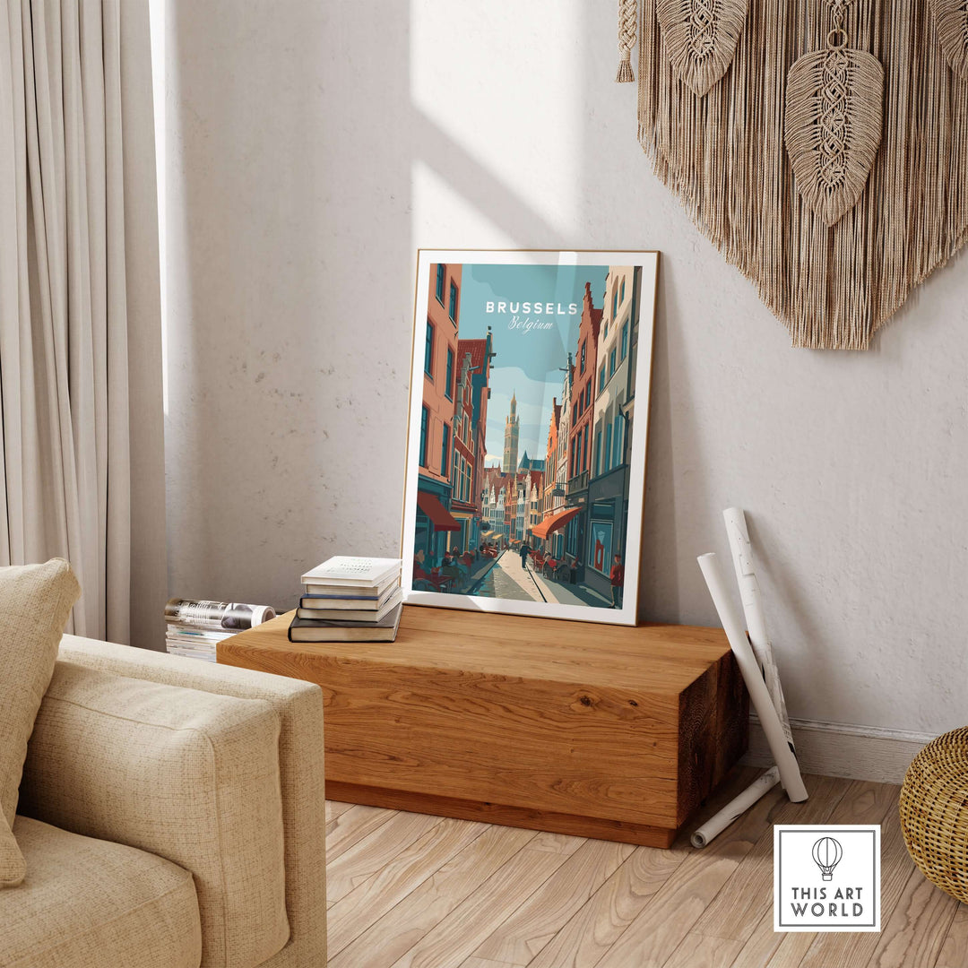 Brussels Grand Place art print showcased in a stylish living room, adding elegance to home decor.