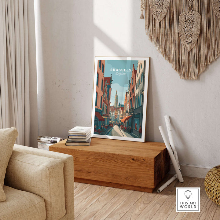 Brussels Grand Place art print showcased in a stylish living room, adding elegance to home decor.