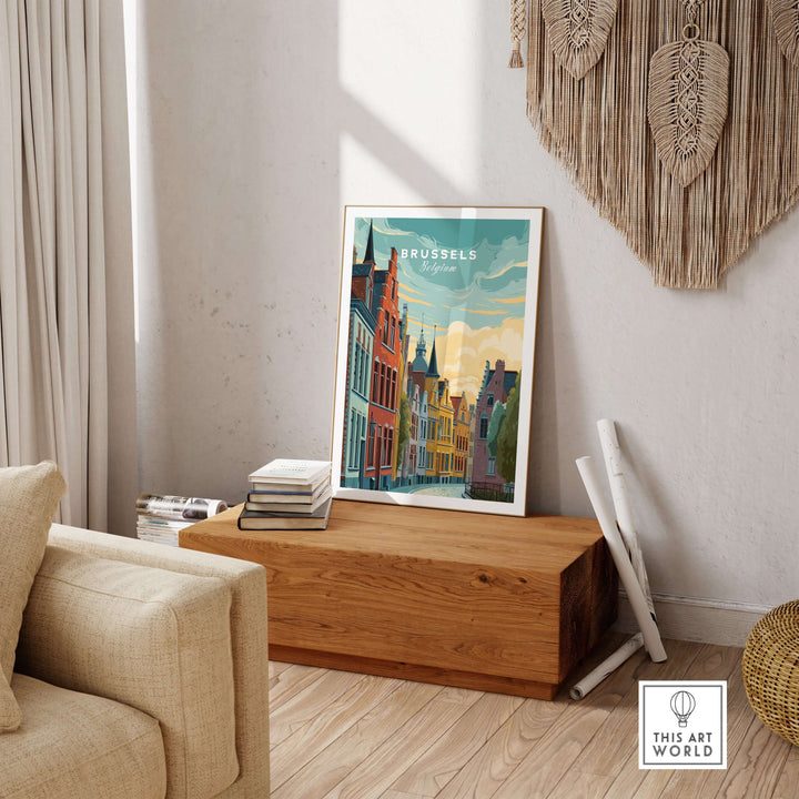 Brussels Belgium Historic Houses Sunset poster showcasing iconic architecture in a cozy home setting.