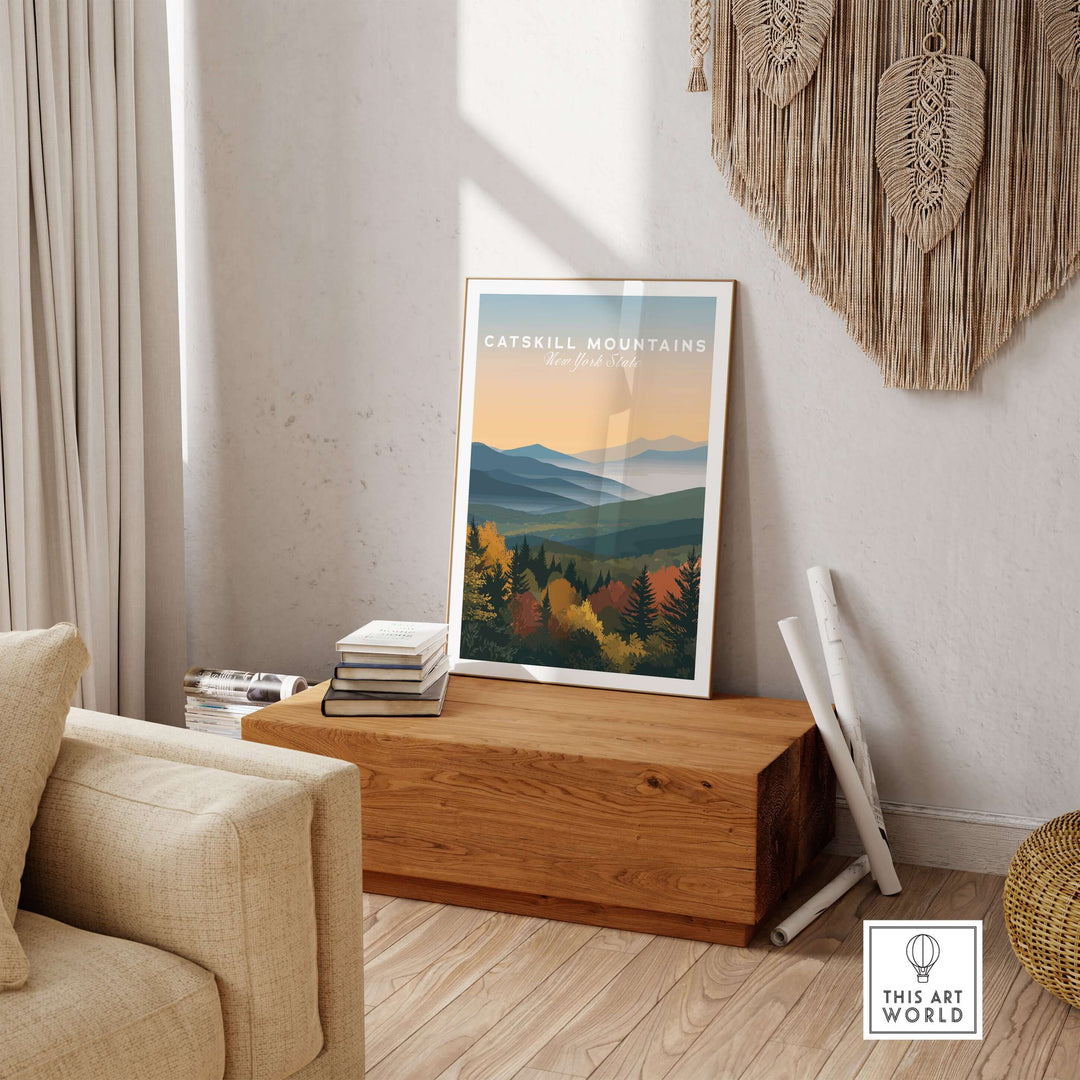 Catskill Mountains autumn foliage print in a cozy living room setting, showcasing vibrant fall colors and serene mountain views.