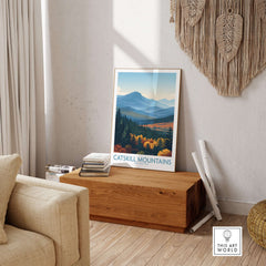 Catskill Mountains New York Blue Mountains Fall Poster - New York State Nature Decor displayed in a stylish living room.