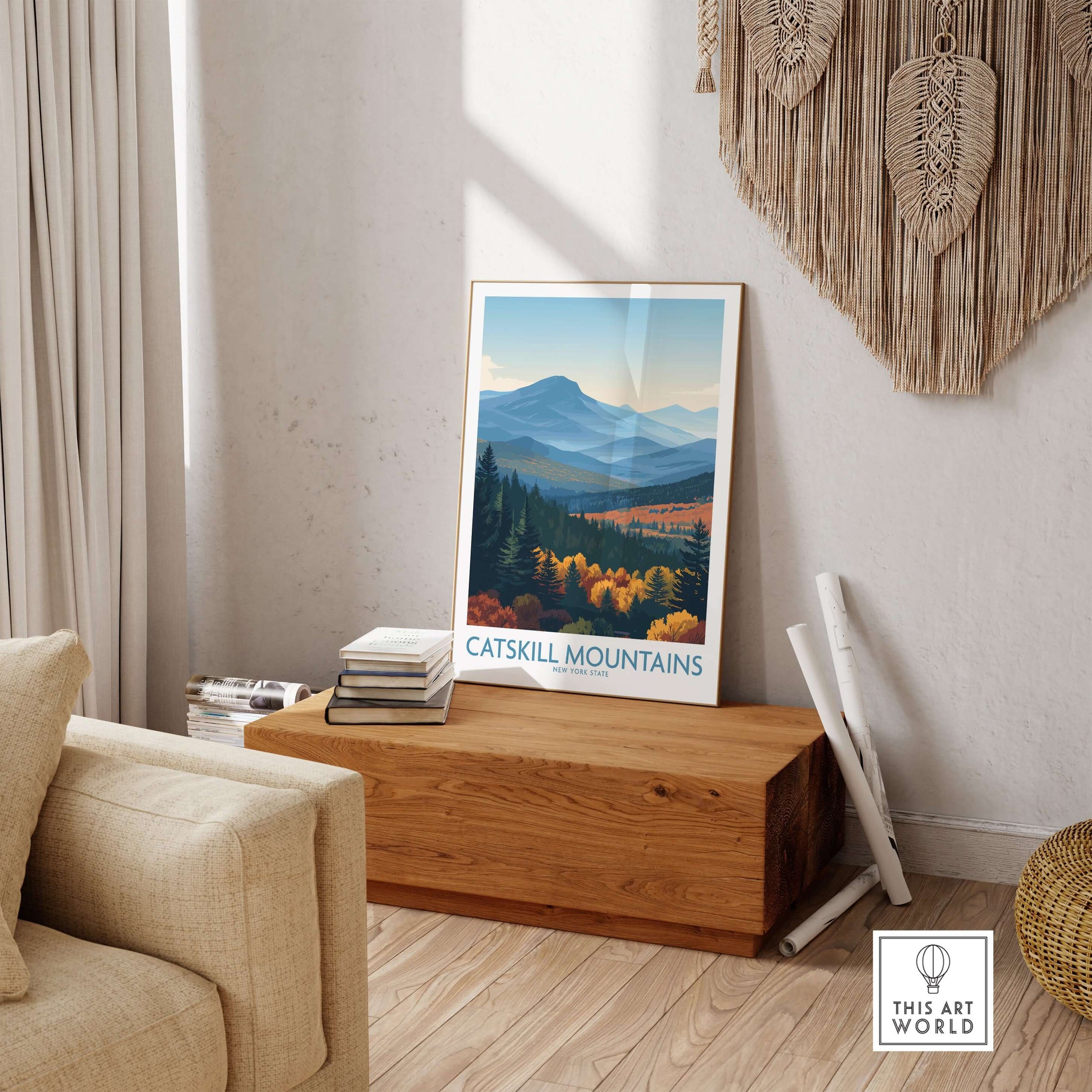 Catskill Mountains New York Blue Mountains Fall Poster - New York State Nature Decor displayed in a stylish living room.