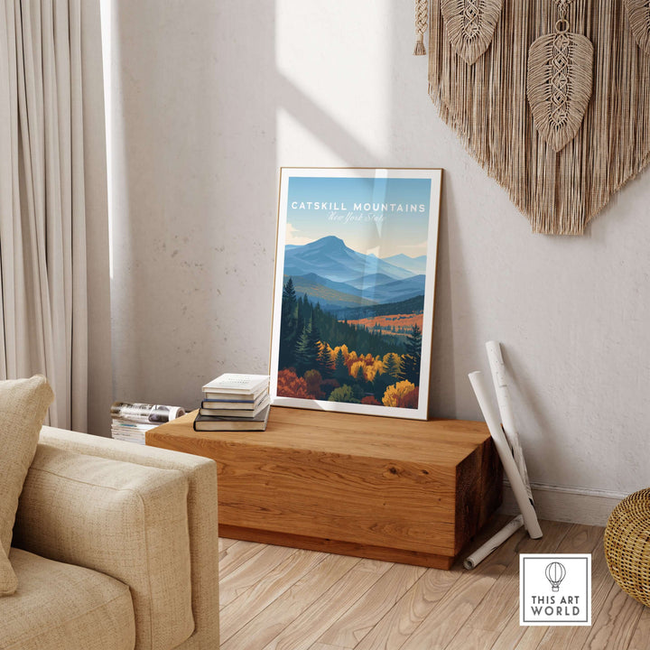 Catskill Mountains Layered Hills print displayed in a cozy living room, showcasing mountain range wall art and nature decor.