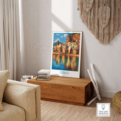 Cefalù Italy Mediterranean Beach Poster - Historic Seaside Travel Print displayed in a cozy living room setting.