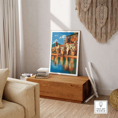 Cefalù Italy Travel Print - Sicilian Village Wall Art displayed in a cozy living room setting with wooden decor.