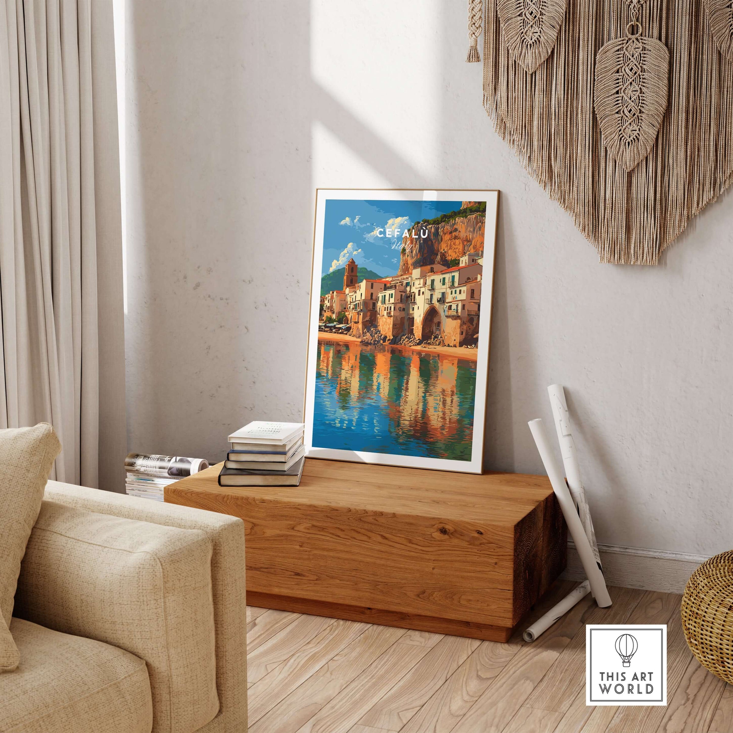 Cefalù Italy Travel Print - Sicilian Village Wall Art displayed in a cozy living room setting with wooden decor.