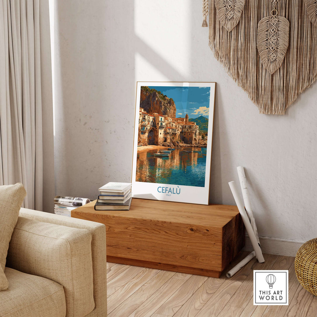 Cefalù Italy wall art showcasing coastal views and colorful buildings in a stylish living room setting.