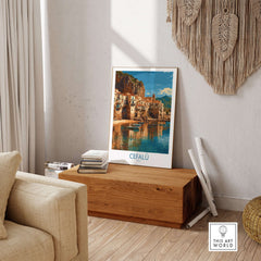 Cefalù Italy Wall Art - Picturesque Italian Town Decor displayed in a stylish home setting with wooden decor.