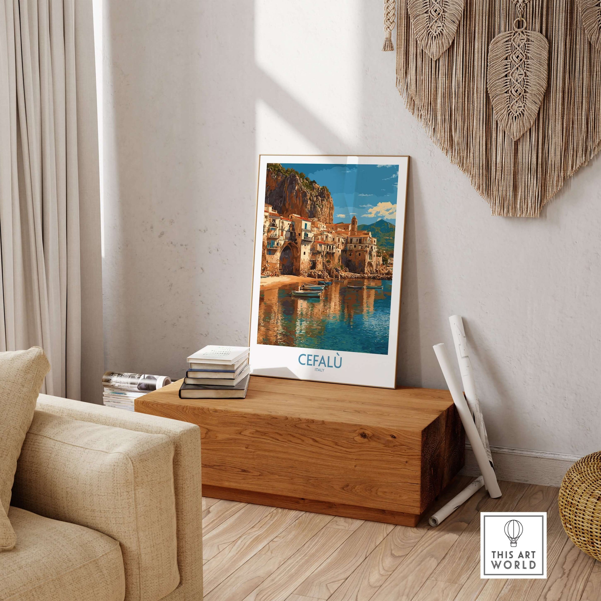 Cefalù Italy Wall Art - Picturesque Italian Town Decor displayed in a stylish home setting with wooden decor.