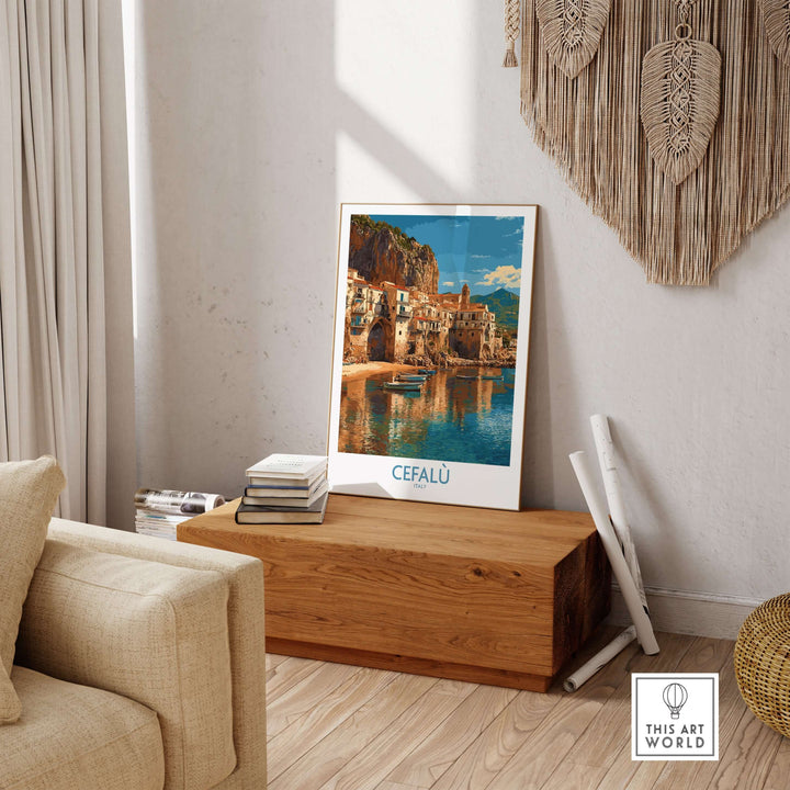 Cefalù Italy wall art showcasing coastal views and colorful buildings in a stylish living room setting.