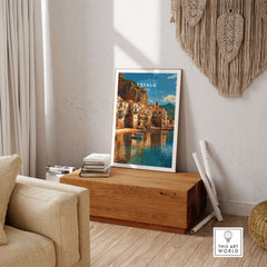 Cefalù Italy Poster - Sicilian Coastline Art Print displayed in a cozy living room setting.