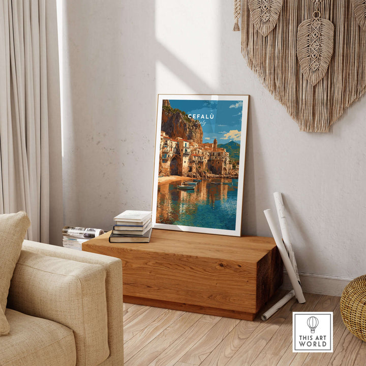 Cefalù Italy poster showcasing seaside views and village architecture in a cozy living room setting.