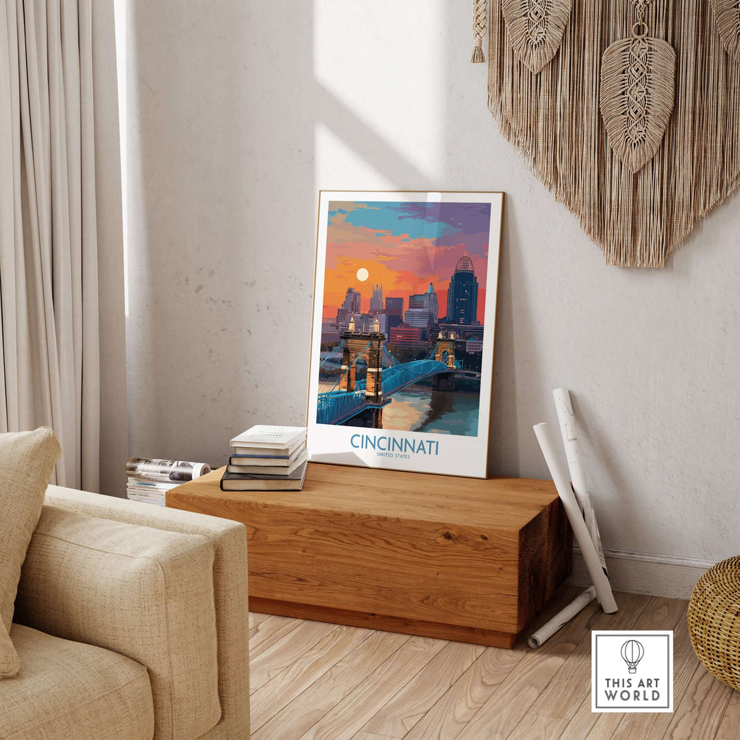 Cincinnati downtown cityscape print showcasing Ohio's architecture in a stylish home decor setting.