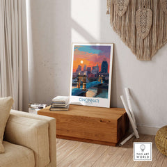 Cincinnati Ohio Downtown Cityscape Print - Ohio Travel Decor displayed in a stylish interior setting.