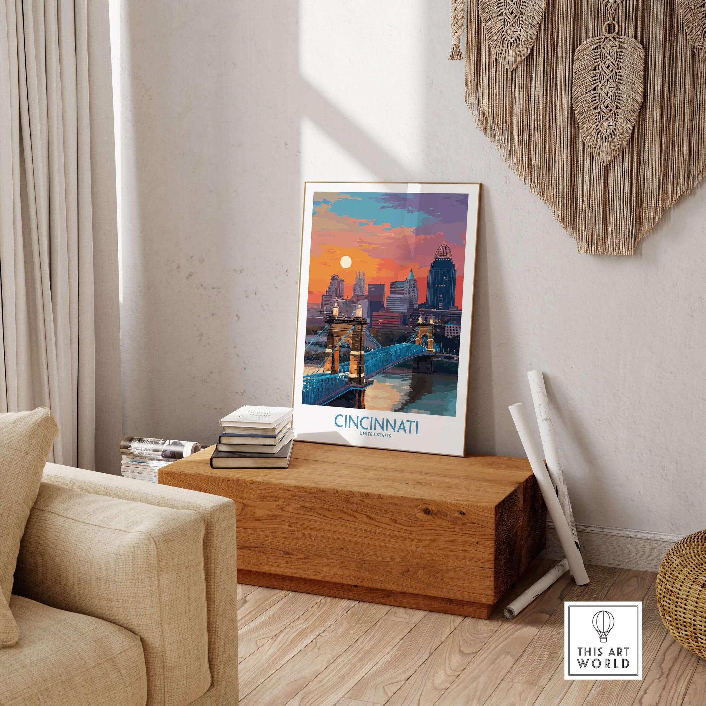 Cincinnati Ohio Downtown Cityscape Print - Ohio Travel Decor displayed in a stylish interior setting.