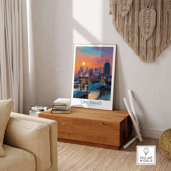 Cincinnati downtown cityscape print showcasing Ohio's architecture in a stylish home decor setting.