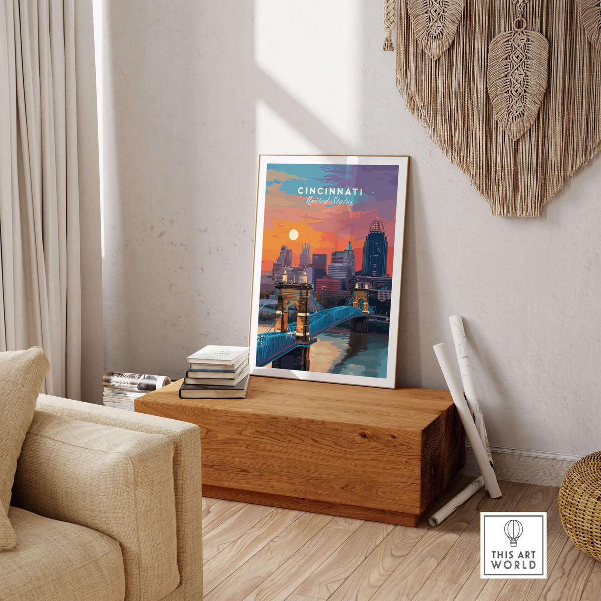 Cincinnati Ohio Sunset Skyline Poster - Roebling Bridge Wall Art displayed in a cozy living room setting.