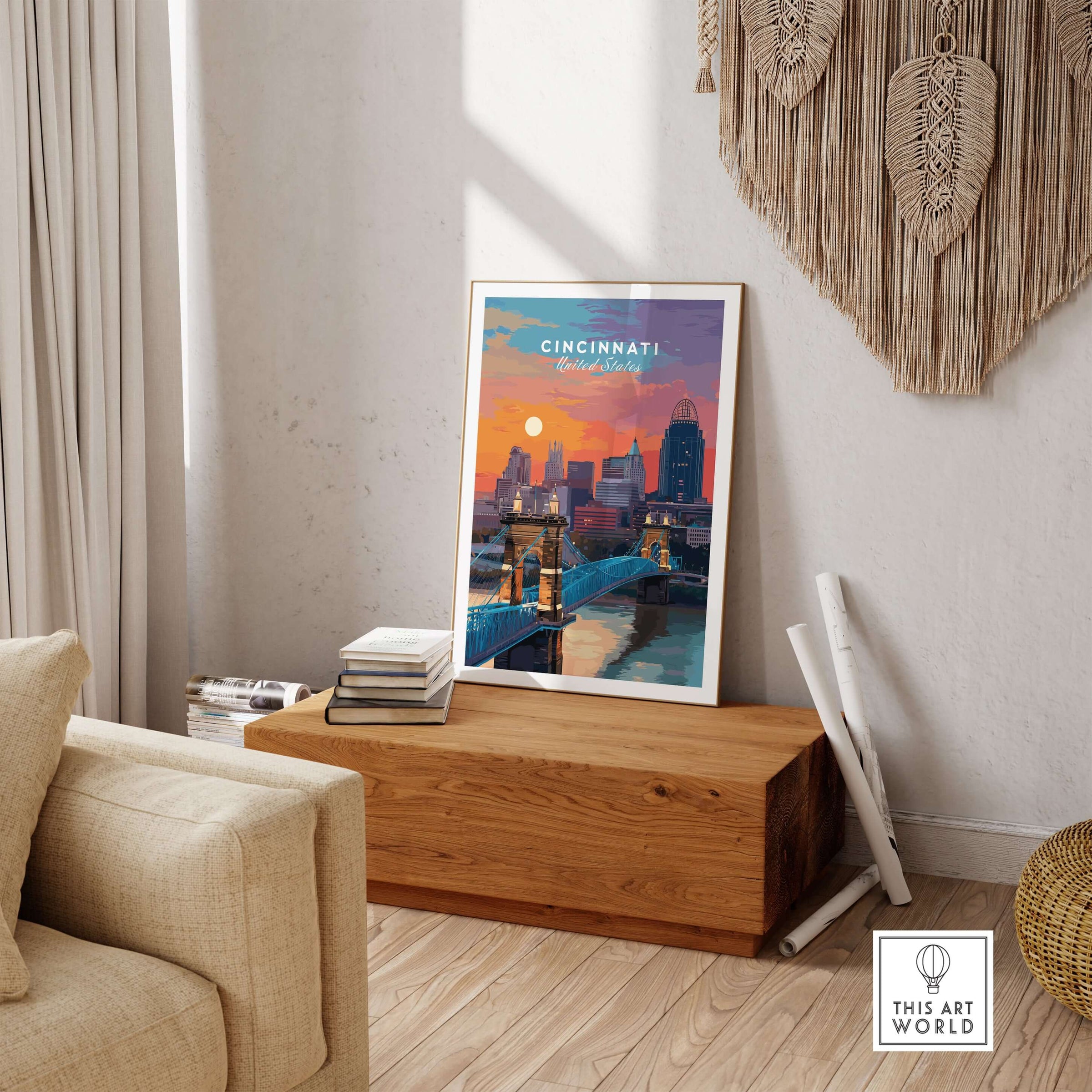 Cincinnati Ohio Sunset Skyline Poster - Roebling Bridge Wall Art displayed in a cozy living room setting.