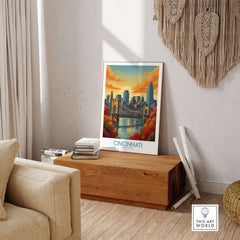 Cincinnati Skyline Print - Ohio Autumn Cityscape Decor displayed in a cozy living room with warm autumn tones.