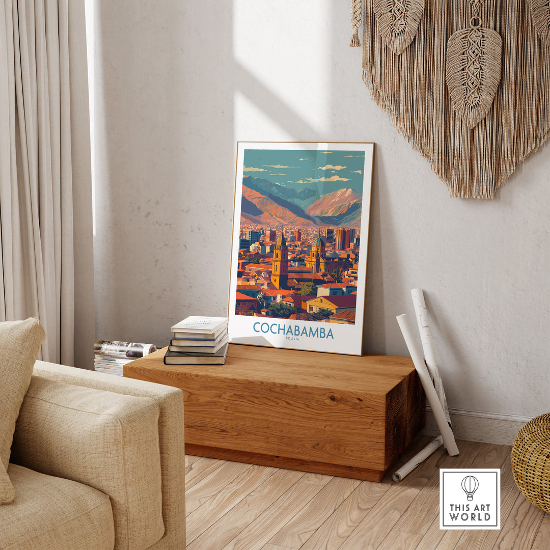 Cochabamba Bolivia wall art print in a cozy living room setting, showcasing cityscape and mountains.