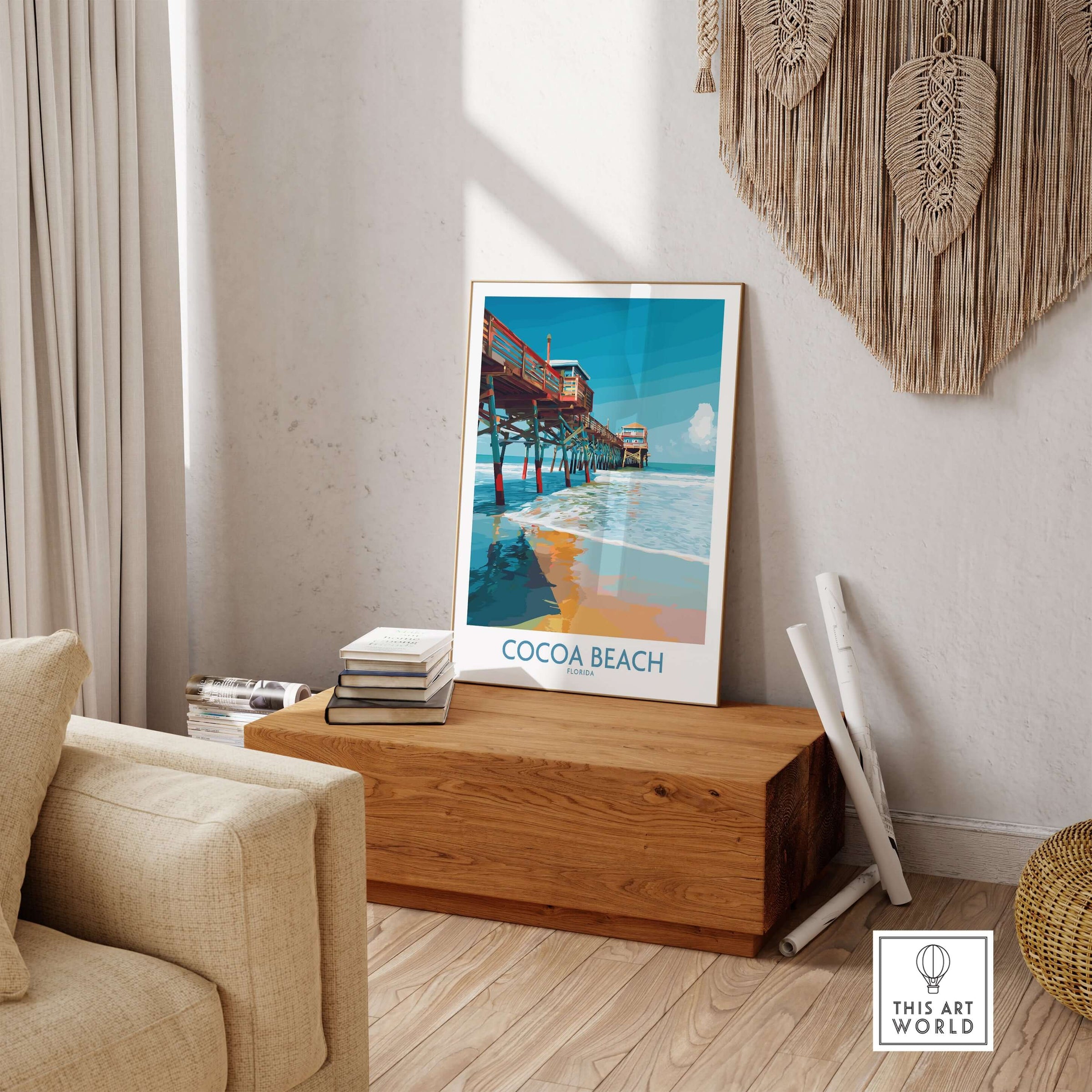 Cocoa Beach Pier Poster - Florida Beach Travel Decor displayed in a stylish living room with coastal vibes.