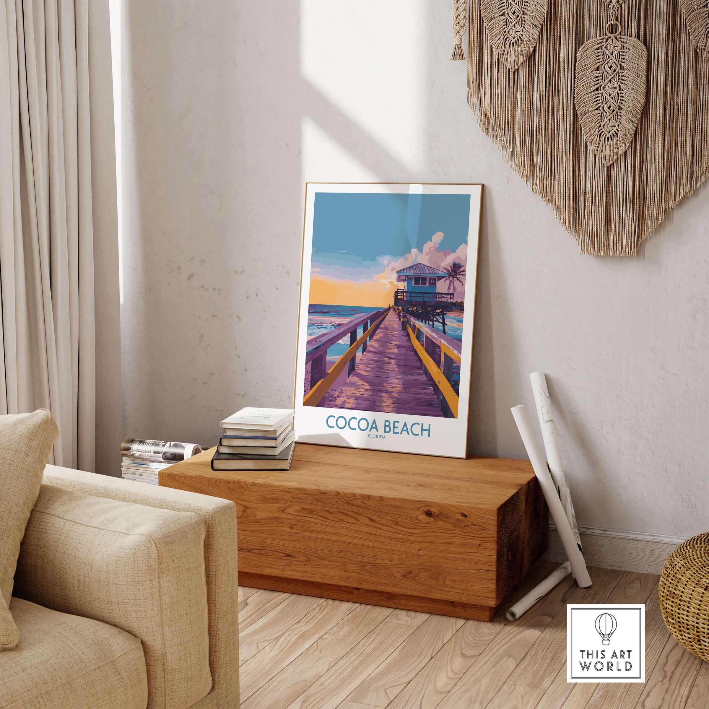 Cocoa Beach Florida Wooden Pier Poster - Golden Hour Sunset Decor displayed in a cozy living room setting.