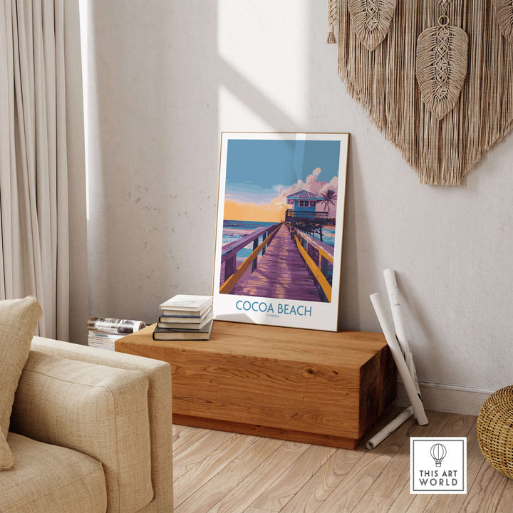 Cocoa Beach Florida wooden pier poster showcasing a golden hour sunset in a coastal home decor setting.