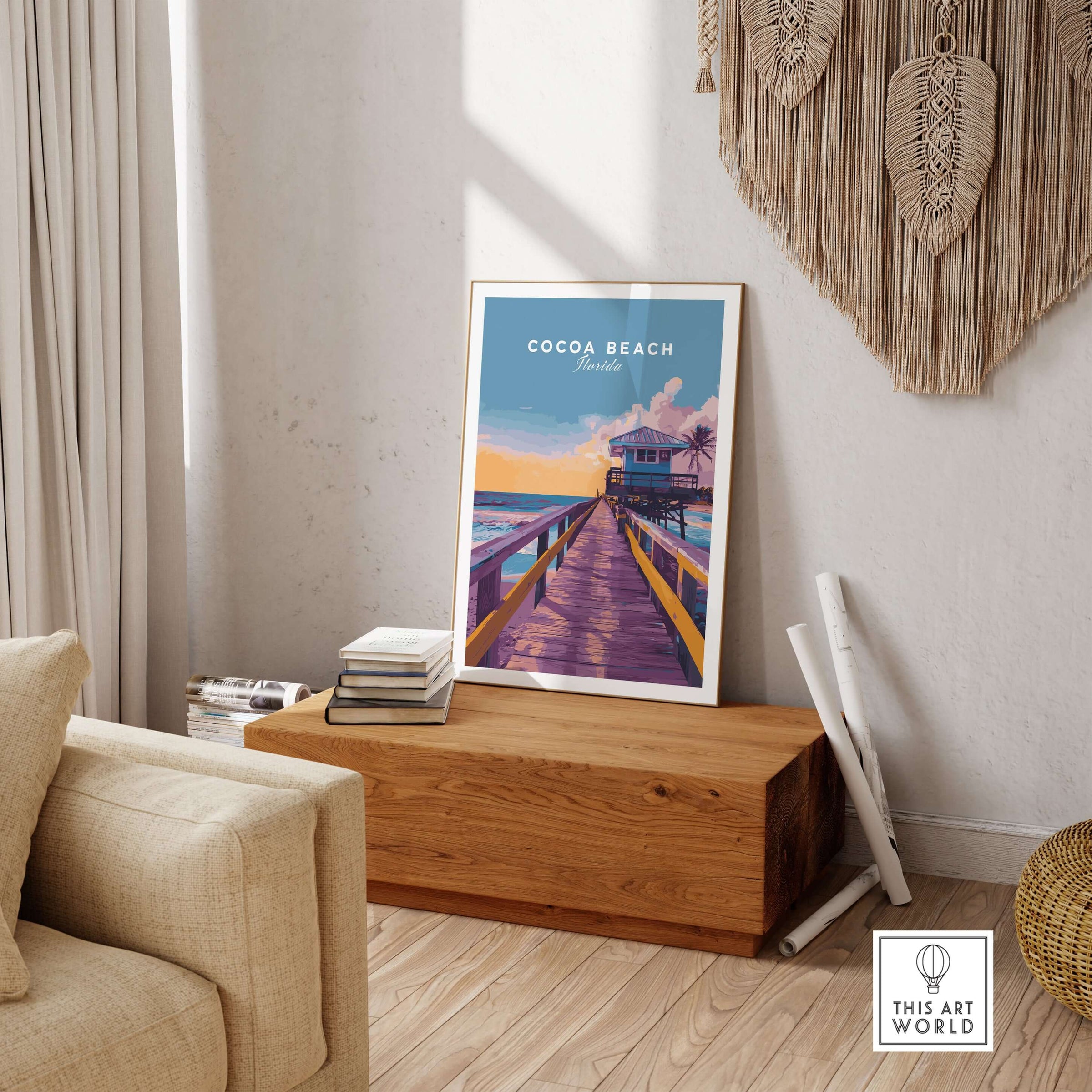 Cocoa Beach Boardwalk Print - Florida Sunset Wall Art displayed in a cozy interior setting, evoking coastal charm.