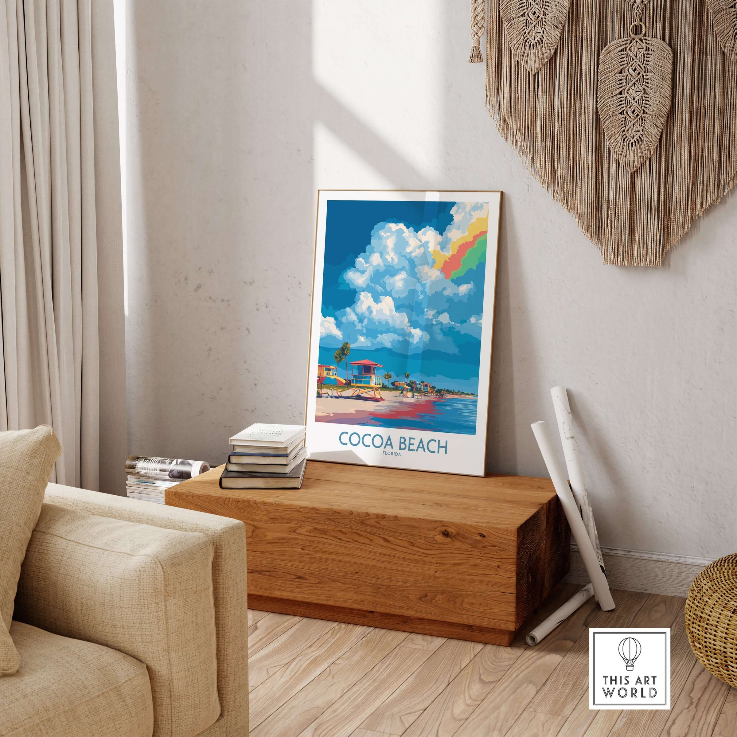 Cocoa Beach Rainbow Cloud Poster - Florida Travel Decor on display in a bright living room setting.