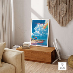 Cocoa Beach Lifeguard Stand Print - Florida Beach Wall Art showcasing vibrant beach scene in a stylish living room setting.