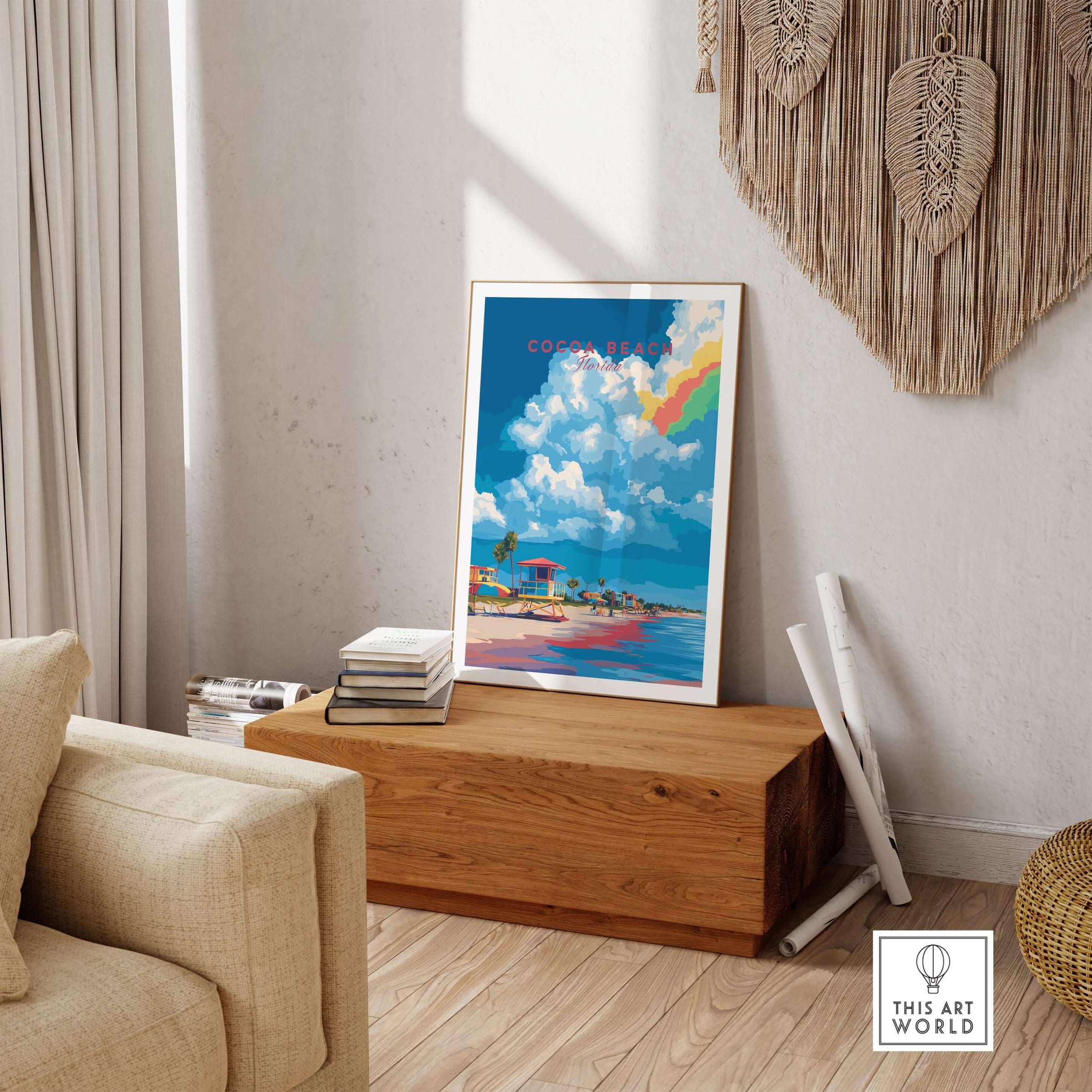 Cocoa Beach Lifeguard Stand Print - Florida Beach Wall Art showcasing vibrant beach scene in a stylish living room setting.