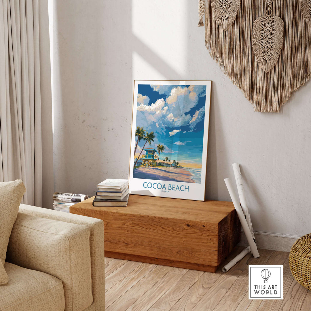 Cocoa Beach Florida oceanfront landscape print displayed in a stylish living room setting, coastal decor inspiration.