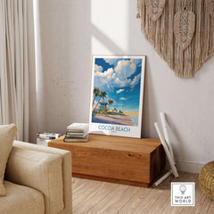 Cocoa Beach Florida Oceanfront Landscape Print - Florida Coast Decor displayed in a cozy room on a wooden chest.