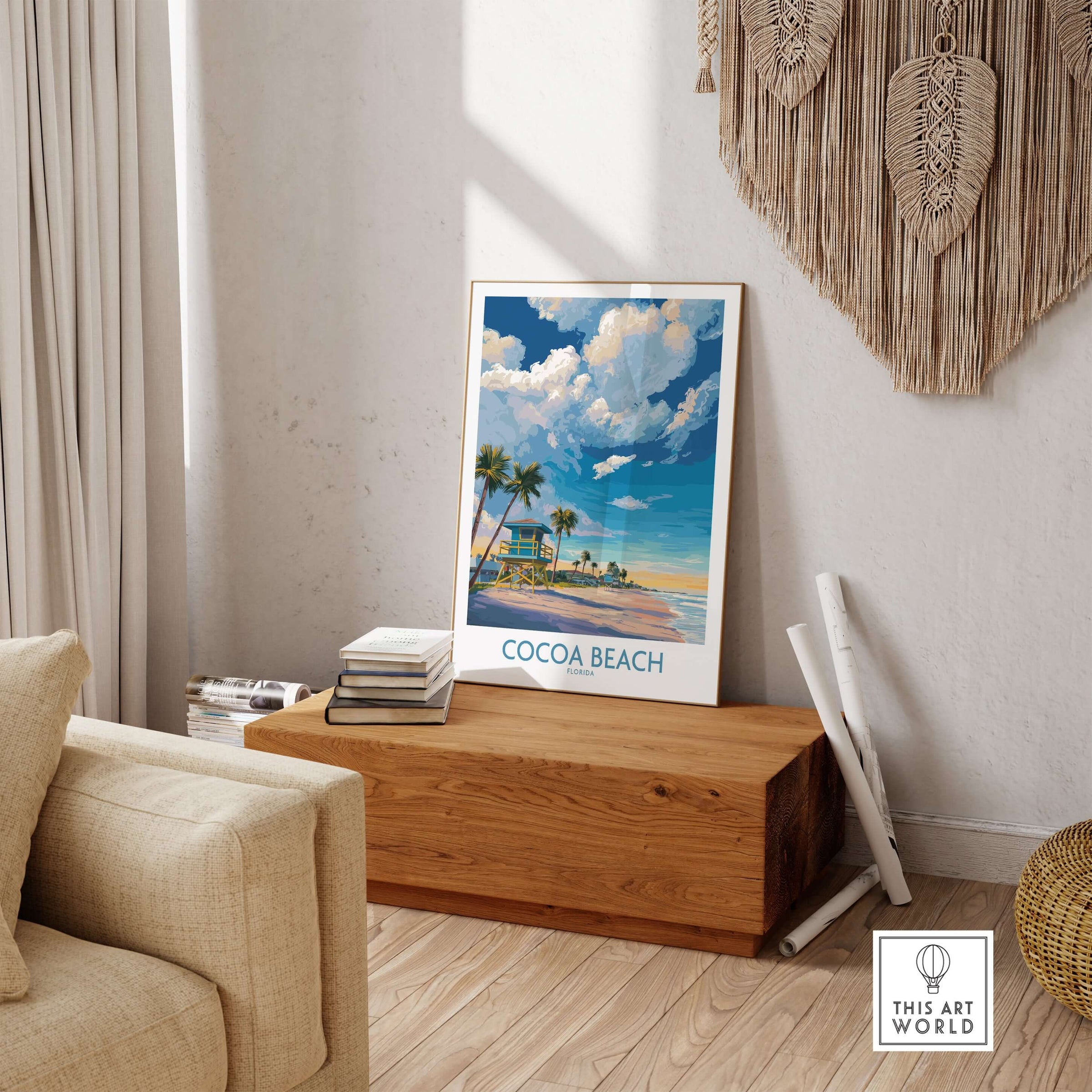 Cocoa Beach Florida Oceanfront Landscape Print - Florida Coast Decor displayed in a cozy room on a wooden chest.