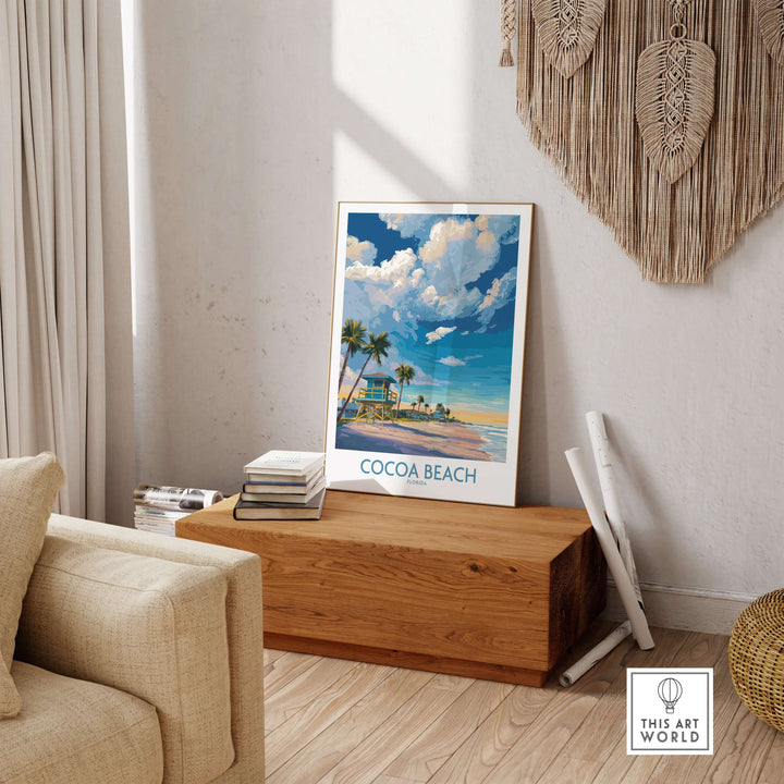 Cocoa Beach Florida oceanfront landscape print displayed in a stylish living room setting, coastal decor inspiration.