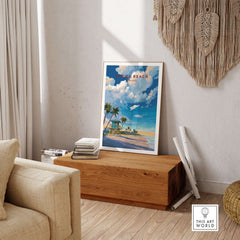 Cocoa Beach Lifeguard Tower Poster - Palm Tree Beach Wall Art displayed in a cozy living room setting.