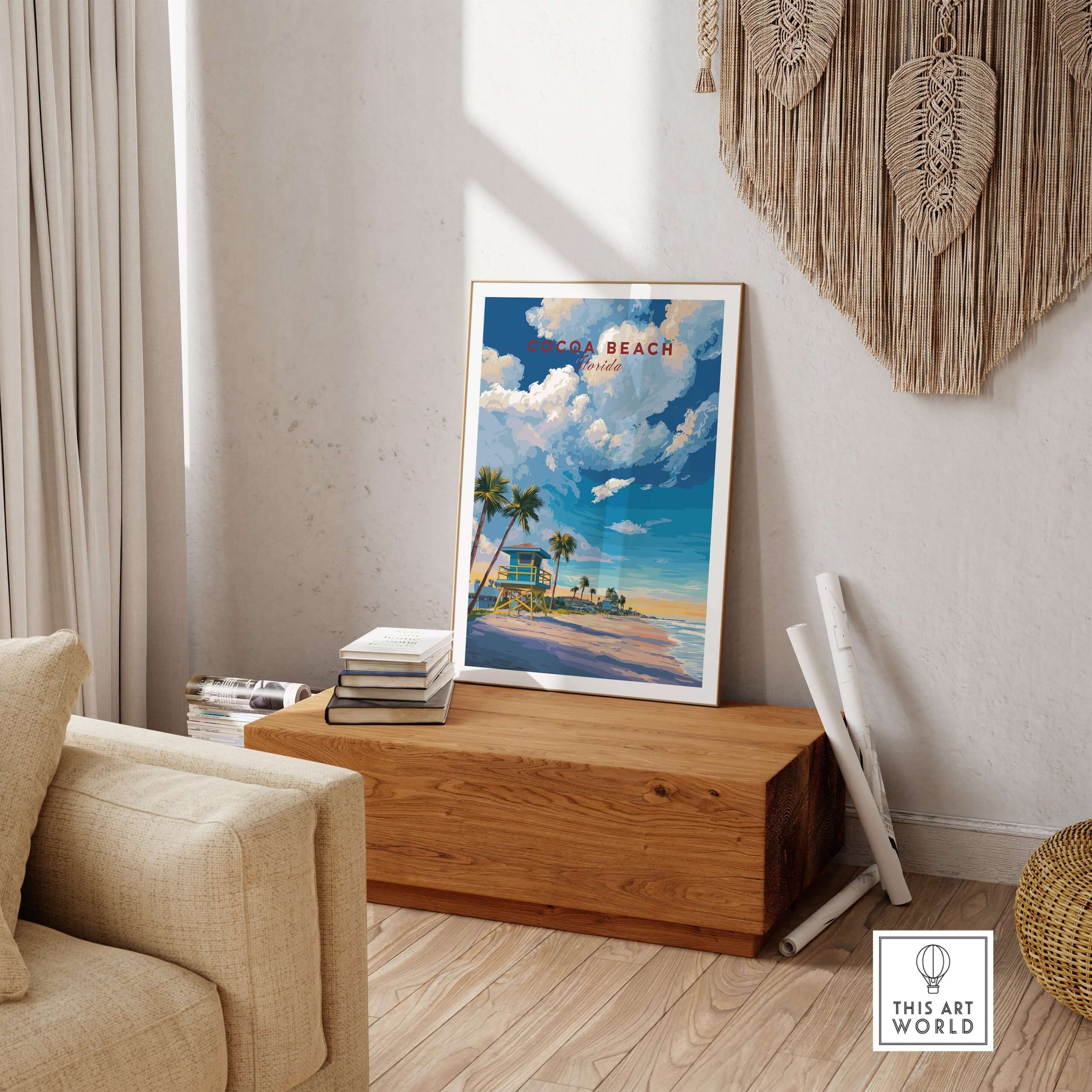 Cocoa Beach Lifeguard Tower Poster - Palm Tree Beach Wall Art displayed in a cozy living room setting.