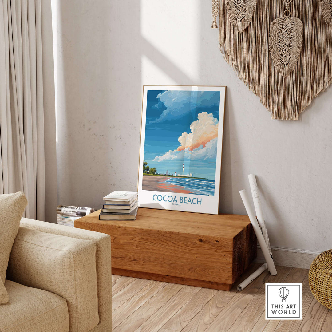 Cocoa Beach Kennedy Space Center poster on wooden box, showcasing Florida's space heritage and coastal beauty.