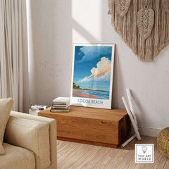 Cocoa Beach Kennedy Space Center Poster - Florida Wall Art Decor showcased in a stylish living room setting.