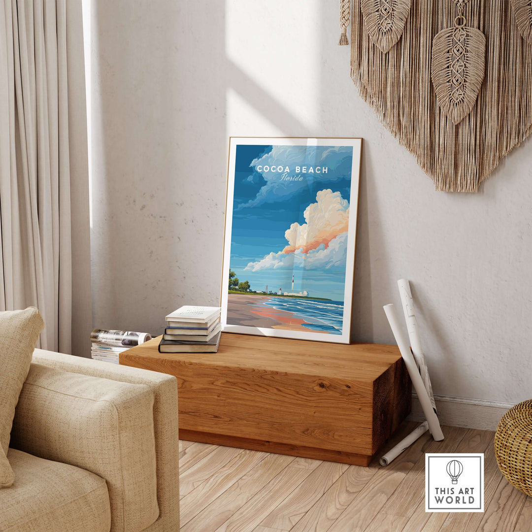 Cocoa Beach Florida rocket launch print in a stylish living room setting, featuring vibrant colors and beach scene.