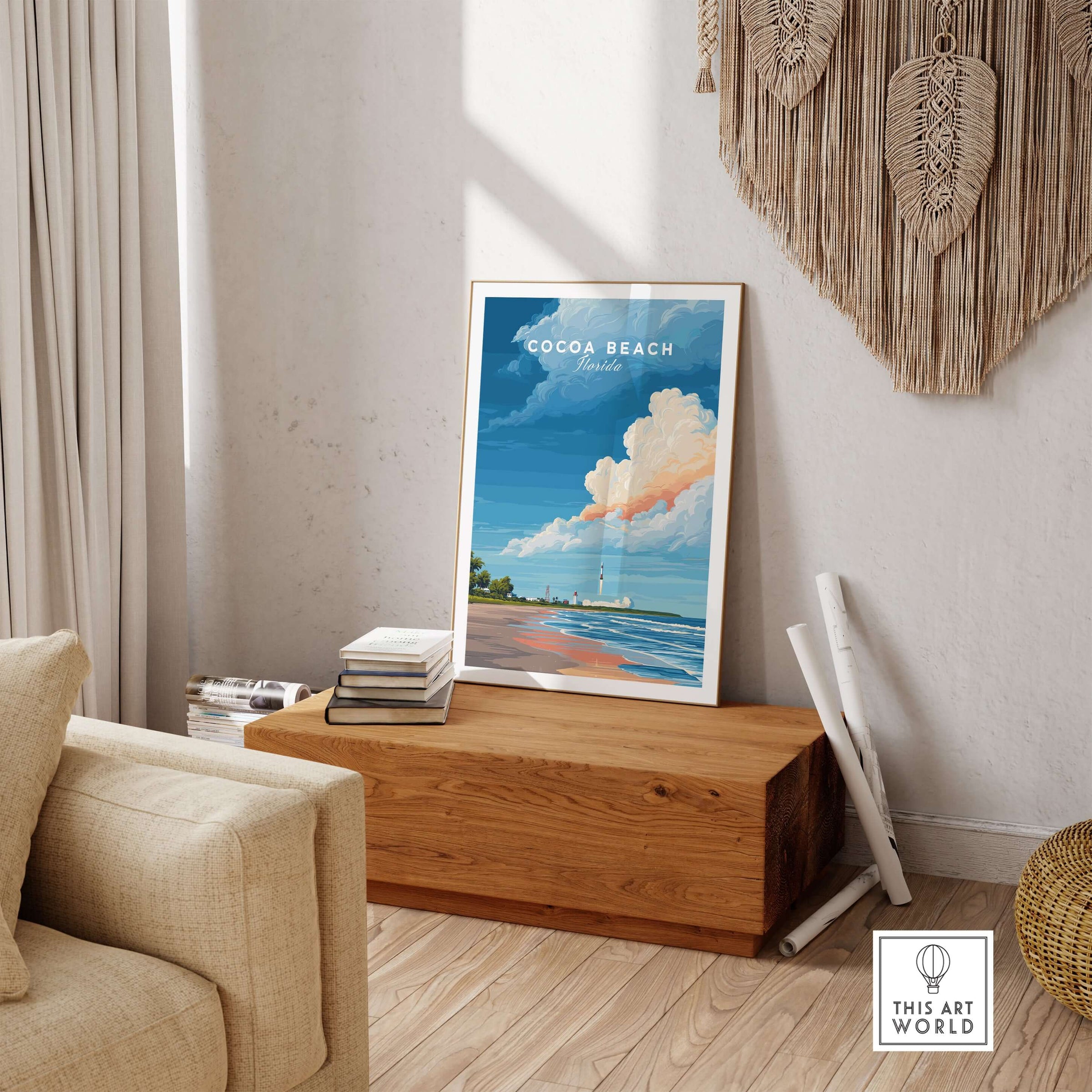 Cocoa Beach Florida Rocket Launch Print - Space Coast Wall Art displayed in a cozy living room setting.
