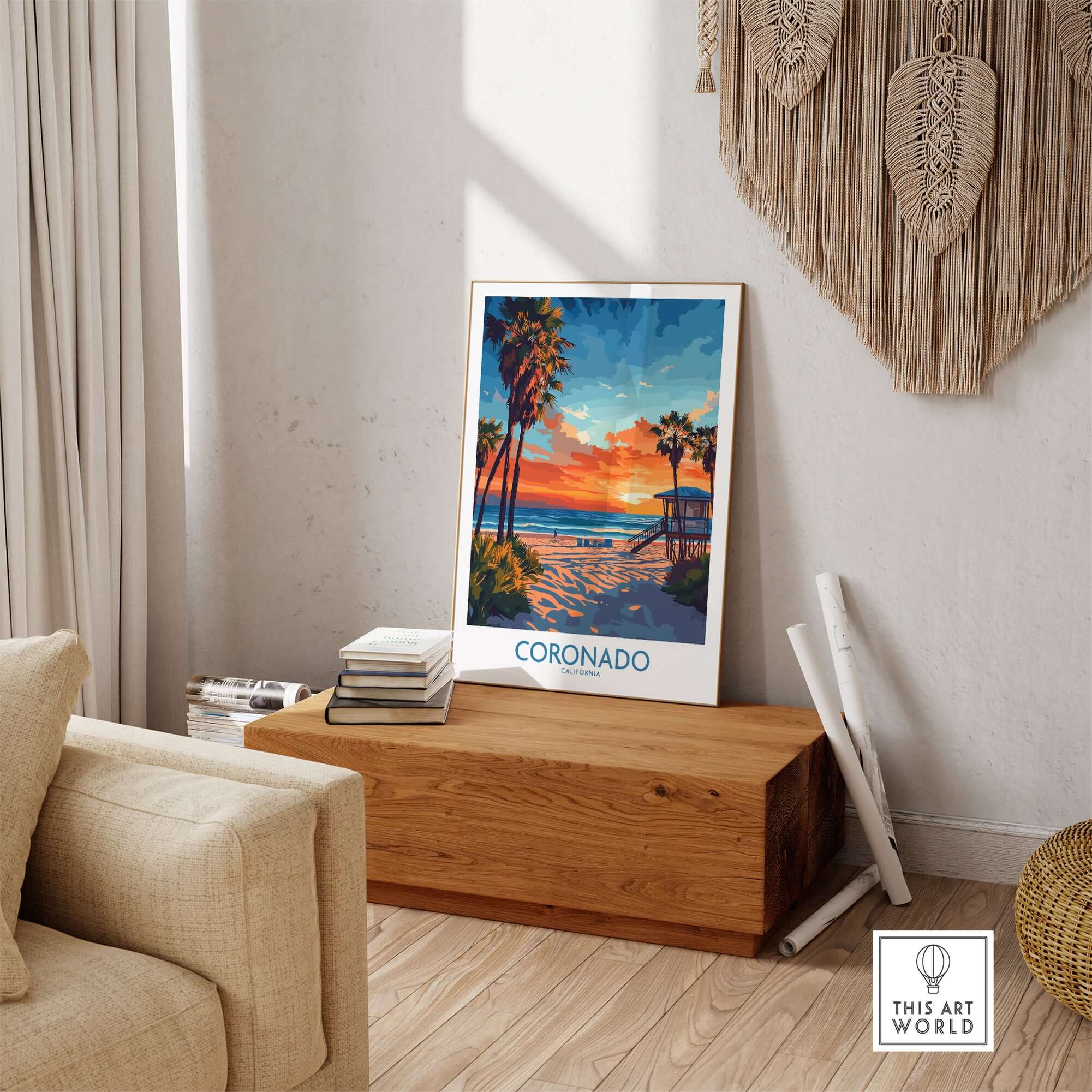 Coronado Print California displayed in a cozy living room, showcasing vibrant beach colors and sunset.