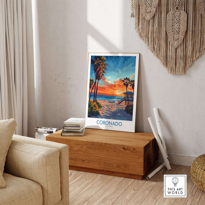 Coronado Print showcasing vibrant beach sunset with palm trees, perfect for California home decor.