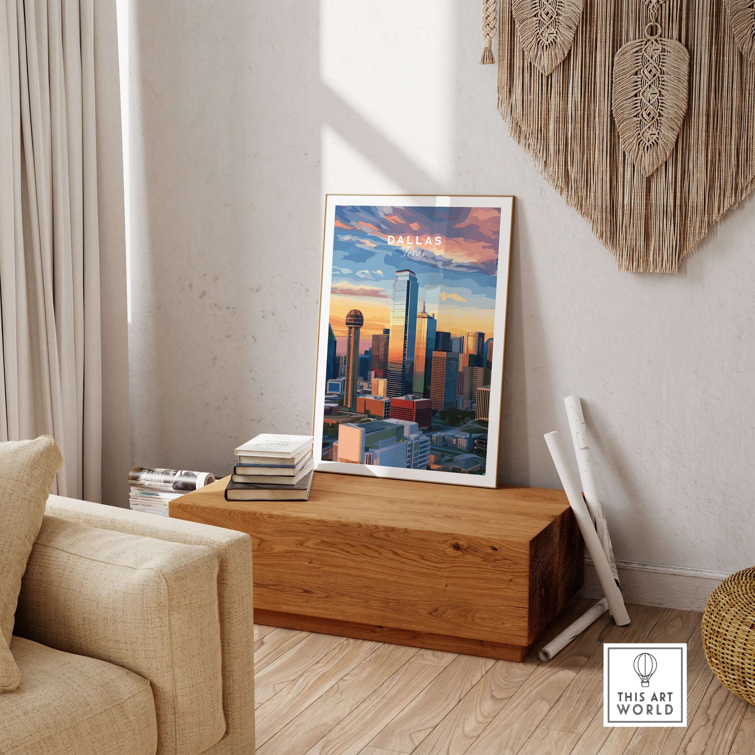Dallas Texas Reunion Tower Skyline Poster - Downtown Cityscape Print displayed in a modern living room setting.