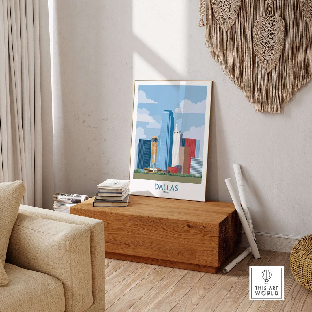 Dallas cityscape poster displayed in a modern living room, showcasing vibrant Texas skyline art.