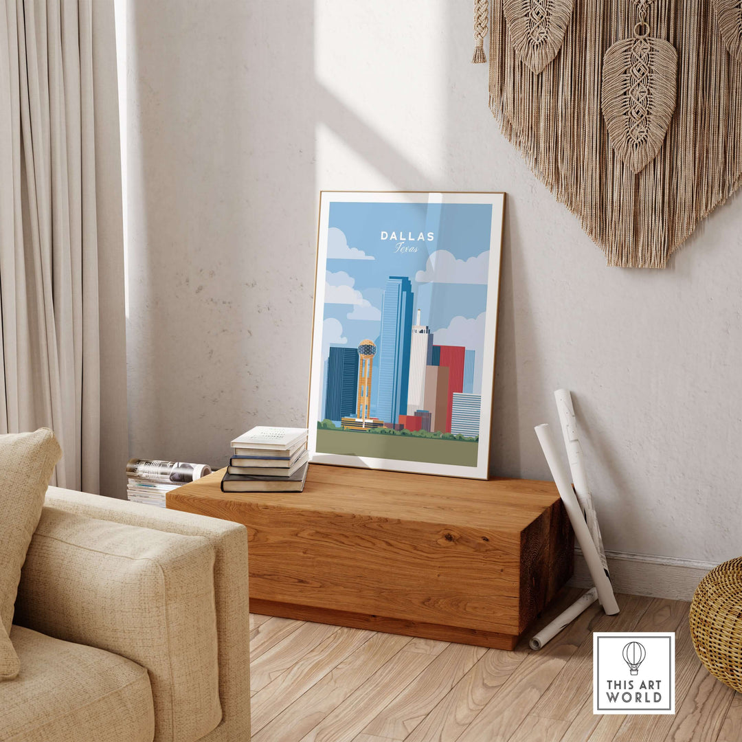 Dallas Texas iconic skyline print featuring Reunion Tower in a stylish living room setting.