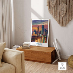 Dallas Downtown at Dusk Wall Art - Texas Urban Decor displayed in a stylish living room setting.